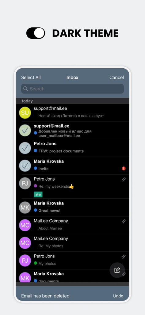 L'application de messagerie Mail.ee propose un thème sombre et une fonction d'annulation de suppression.