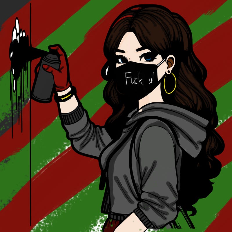 realistic girl with mask spray painting a wall