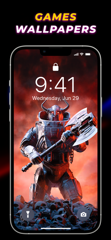 iPhone lock screen showing a gaming-themed live wallpaper with a armored warrior holding a large axe