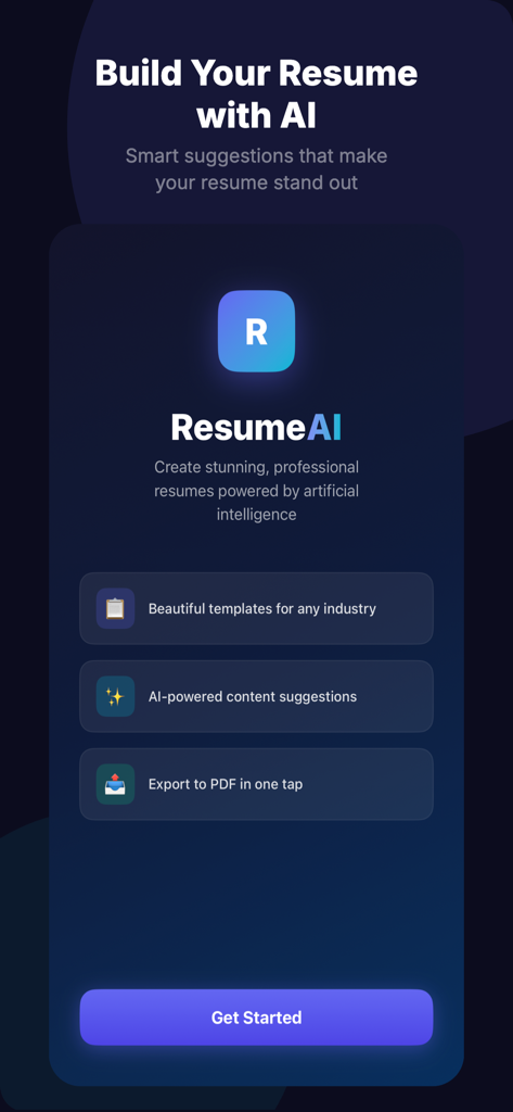 Welcome screen of the ResumeAI app showcasing AI-powered resume building features and professional templates.