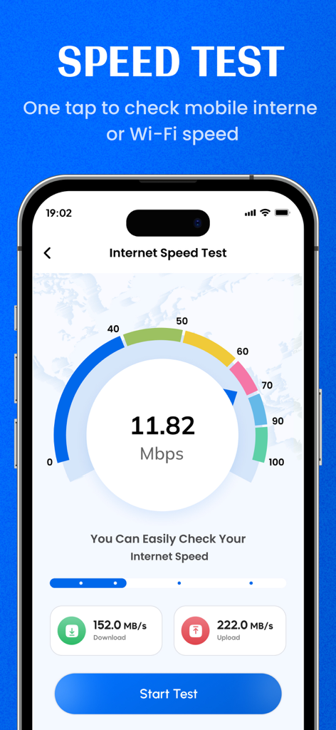 WiFi Password Map Wifi Hotspot - Interface of the WiFi Password Map app showing a real-time internet speed test with download and upload metrics.