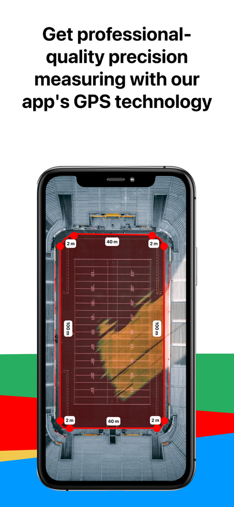 Field Area Measure app interface showing professional GPS precision measurement of a stadium field