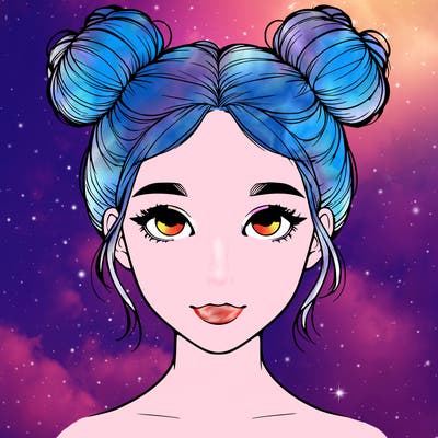 realistic girl with two buns on top of her head