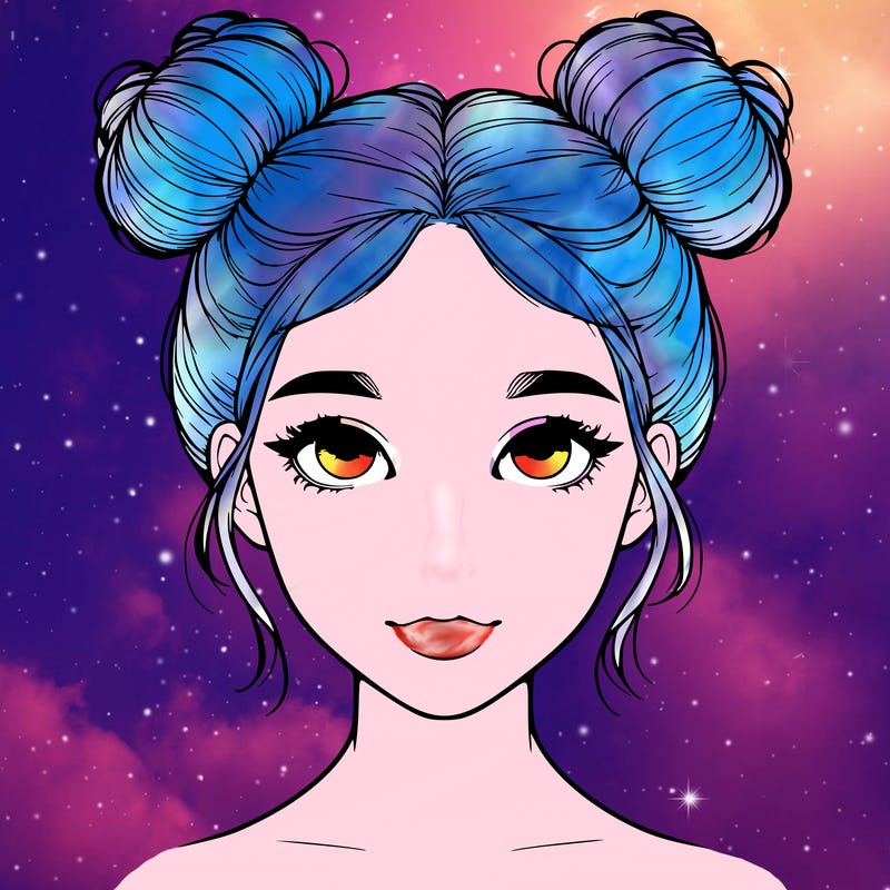realistic girl with two buns on top of her head