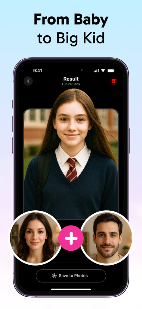 App result showing an AI generated teenager created from photos of both parents