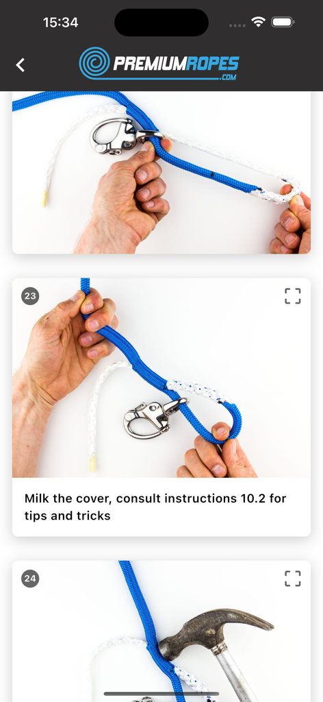 Guía visual paso a paso para el ayuste de cabos en la aplicación móvil Premium Ropes