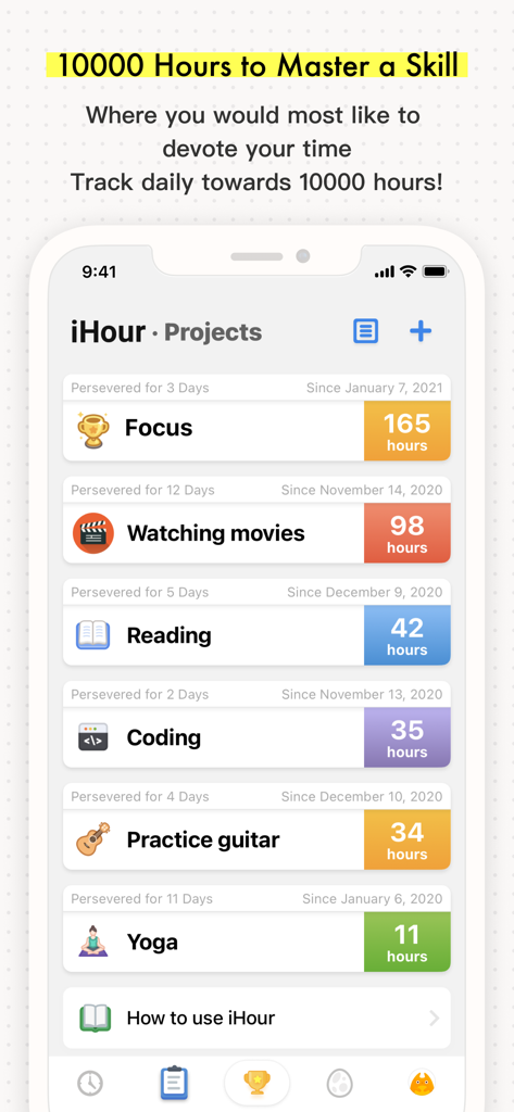 iHour - Focus Time Tracker - Interface de l'application iHour affichant une liste de projets suivis et le temps total pour des activités comme le codage, la lecture et le yoga
