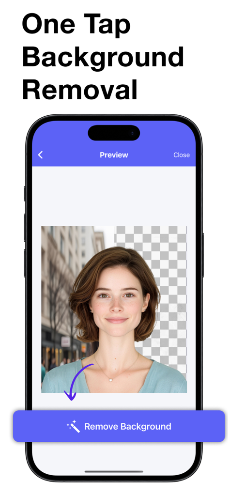 Una interfaz de aplicación de smartphone que muestra el retrato de una mujer con una función de eliminación de fondo con un solo toque para fotos de DNI