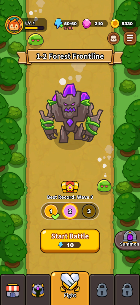 GearPaw Defenders game screen showing level 1-2 Forest Frontline with a large stone golem boss and a start battle button.