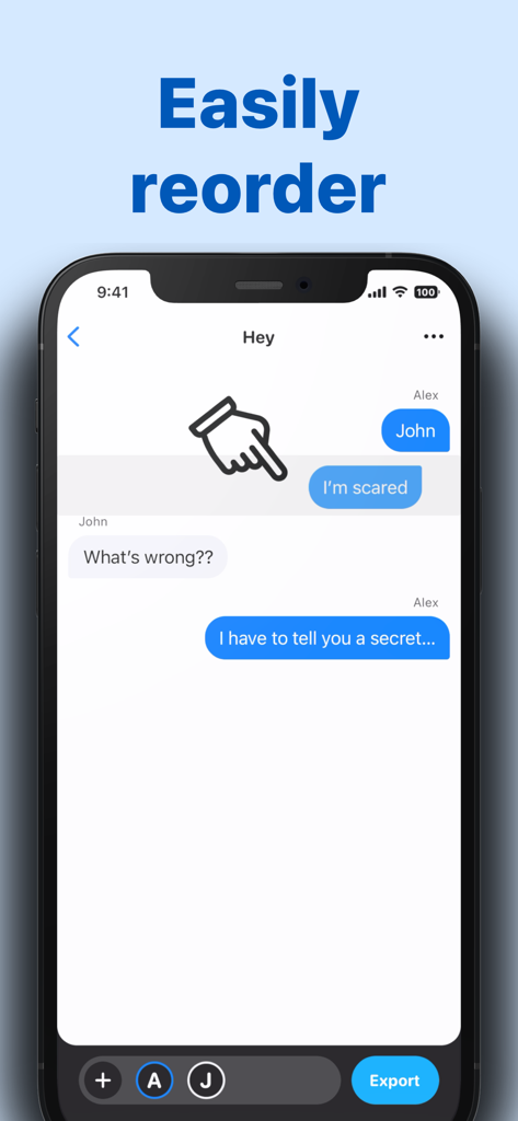 Smartphone screen showing the easy reorder feature for chat bubbles in the ChatTales app.