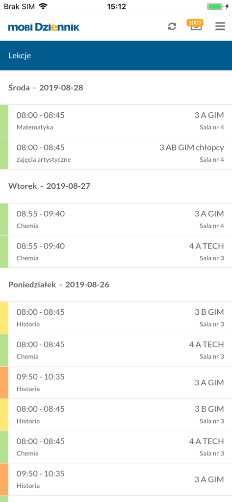 mobiDziennik app interface displaying a school lesson schedule
