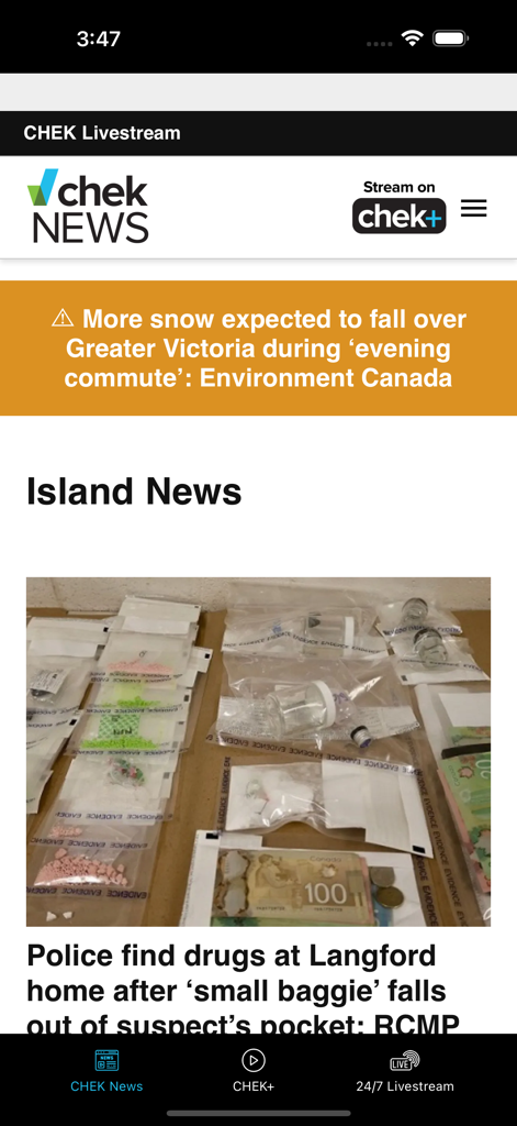 CHEK Mobile - Interfaz de la aplicación CHEK Mobile que muestra noticias locales de la Isla de Vancouver y alertas meteorológicas