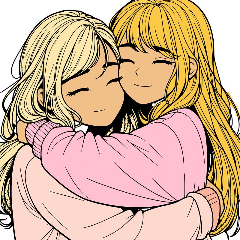 realistic two girls hugging