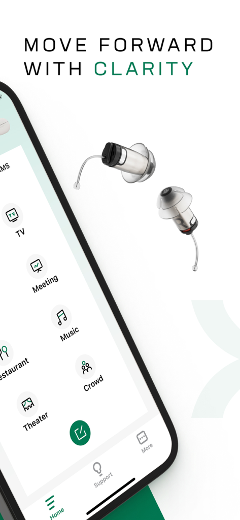 Zepp Clarity - Smartphone showing Zepp Clarity app listening programs like Restaurant and Theater next to two wireless hearing aids.