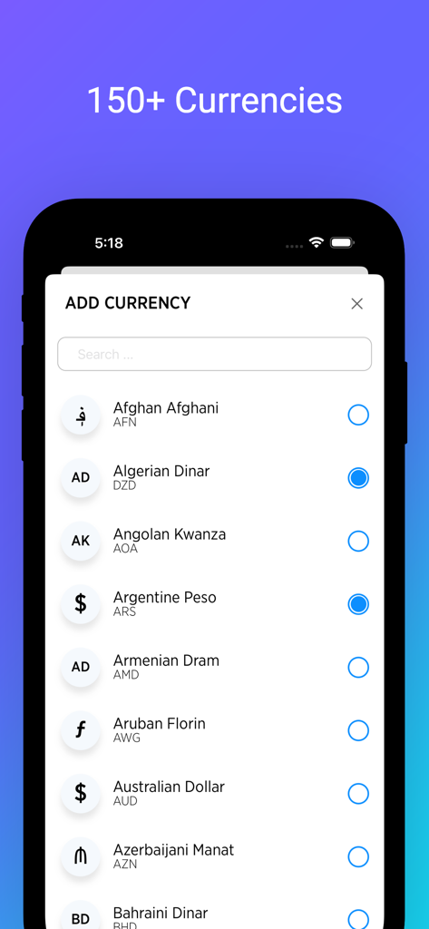 Converio - Money Calculator - Interface do aplicativo Converio mostrando uma lista de mais de 150 moedas globais para selecionar e adicionar.