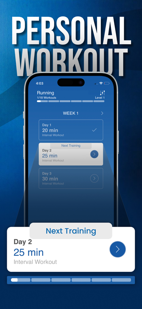 A smartphone showing a weekly running schedule for marathon training with a twenty five minute interval workout highlighted