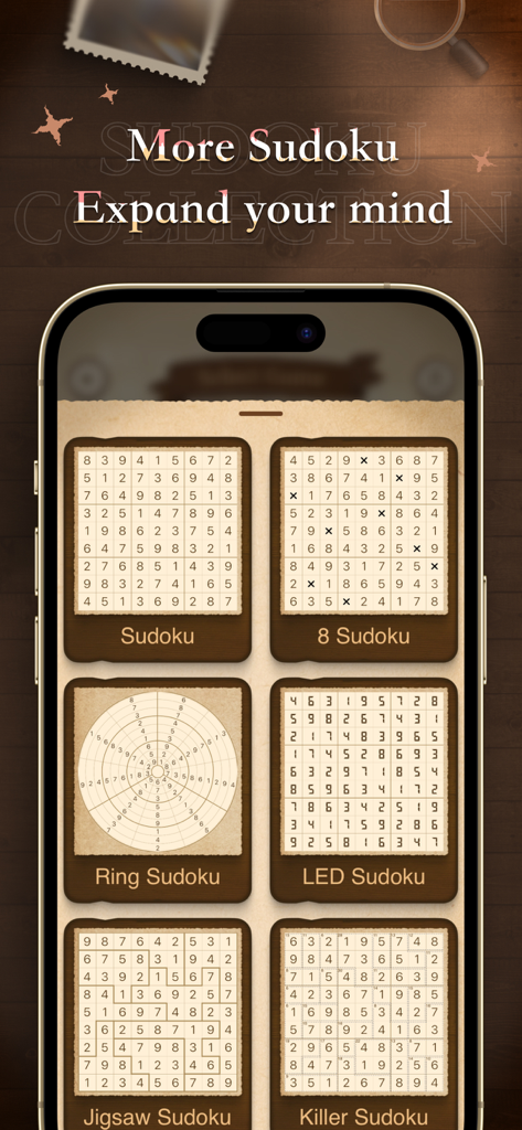 Sudoku - Retro Puzzle Games - Una pantalla de smartphone que muestra múltiples modos de juego de sudoku, incluyendo ring, jigsaw y killer sudoku