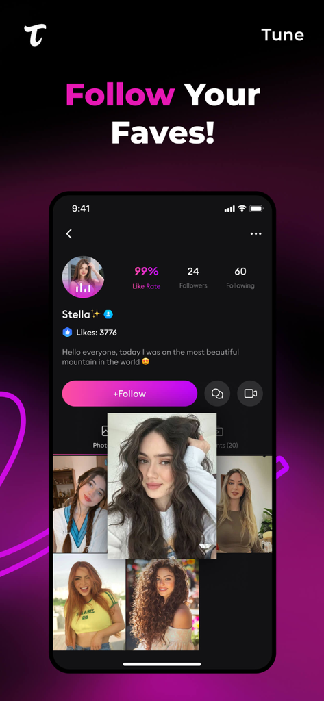 Tune - Livestream & Chat - User profile screen of the Tune livestream app showing a female host with a follow button and photo gallery