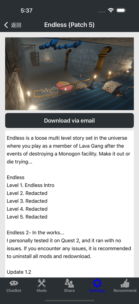 BoneL-DLC & Mods Addons Cheats - Interface of the Bonelab mod companion app showing the Endless mod description and level list