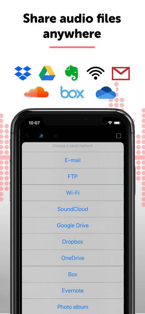 Optionen zum Teilen von Audioaufnahmen, einschließlich FTP, Dropbox, Google Drive und Evernote in der ALON Diktiergerät App.