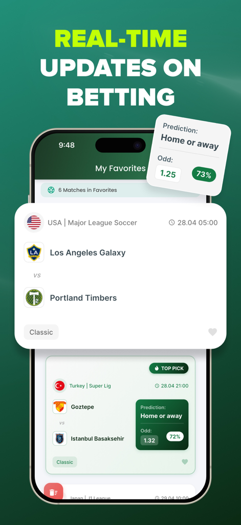 PRO Football Betting Guide - Mobile screen showing real time football betting updates with match predictions and odds for major soccer leagues