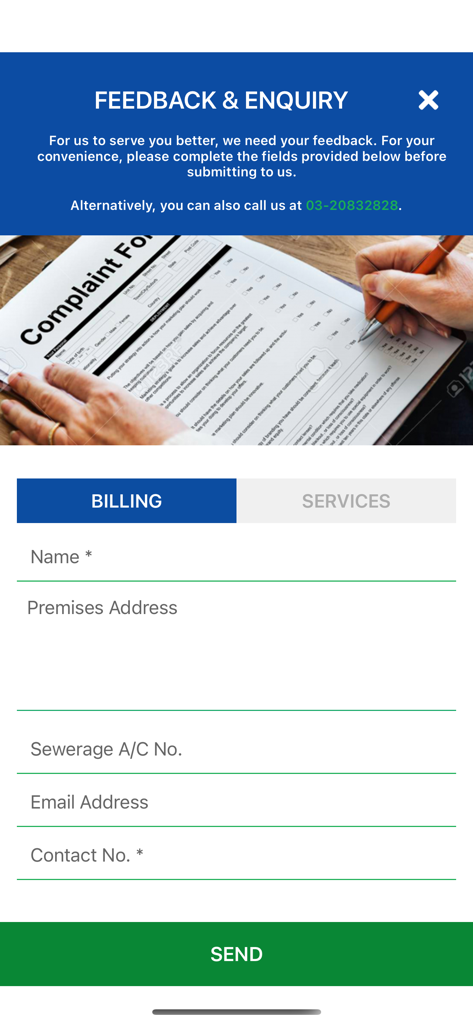 Indah Water - Feedback and enquiry form in the Indah Water app for billing and services