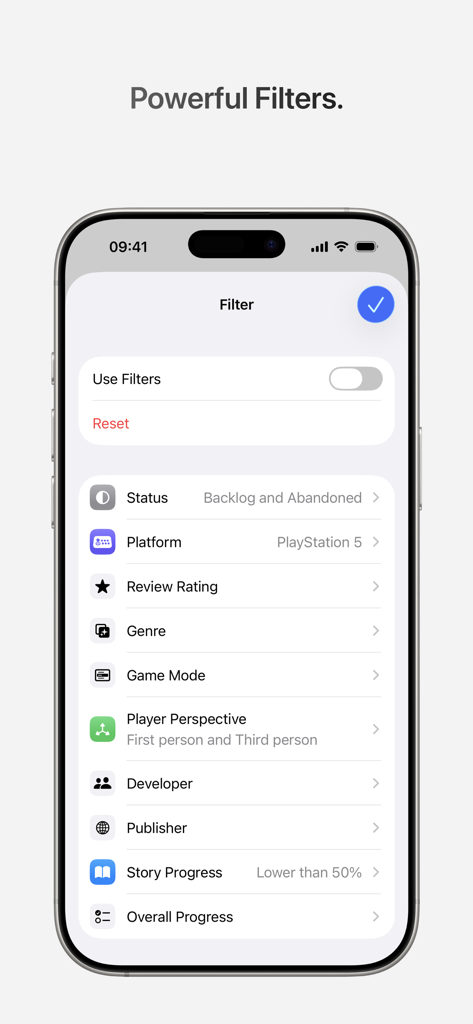 Gamery - Track Your Games - Interface mobile montrant les options avancées de filtrage de la bibliothèque de jeux dans l'application Gamery.
