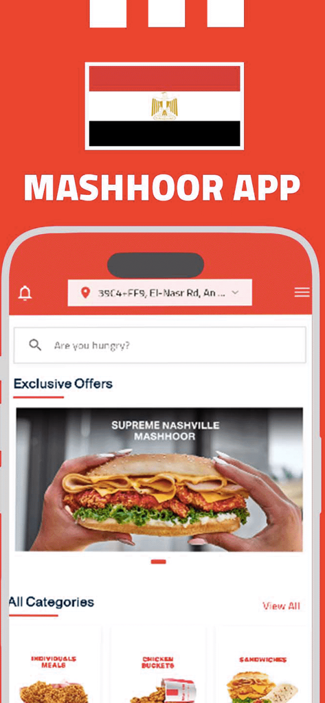 Mashhoor Egypt - Mobile interface of Mashhoor Egypt app featuring a chicken burger promotion and the Egyptian flag