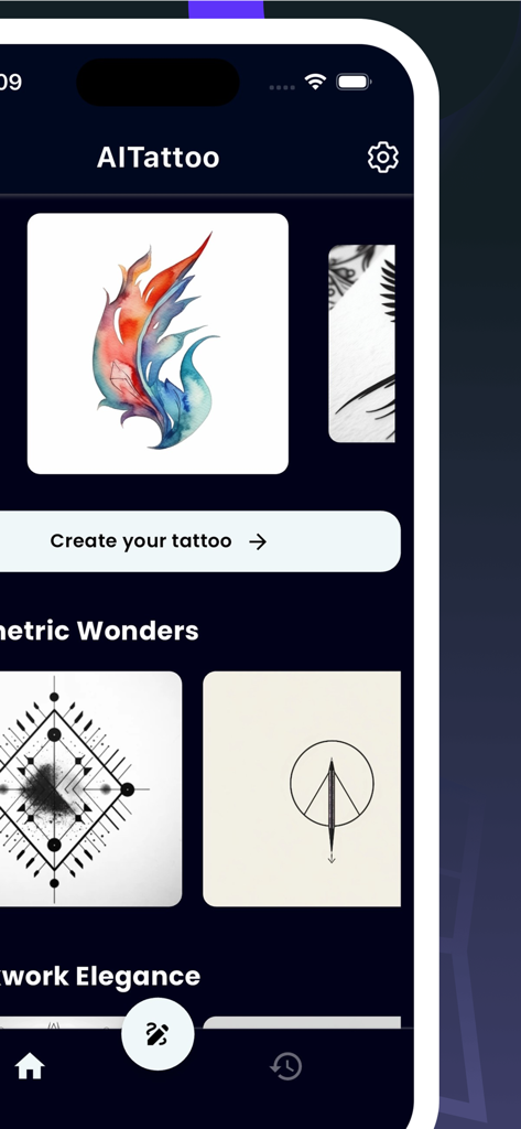 AI Tattoo Generator, Designs - Interface of the AI Tattoo Generator app featuring watercolor and geometric tattoo designs.