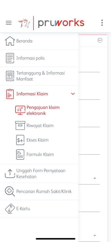 PRUWorks - PRUWorks app sidebar menu displaying options for policy information, claim status, and hospital search