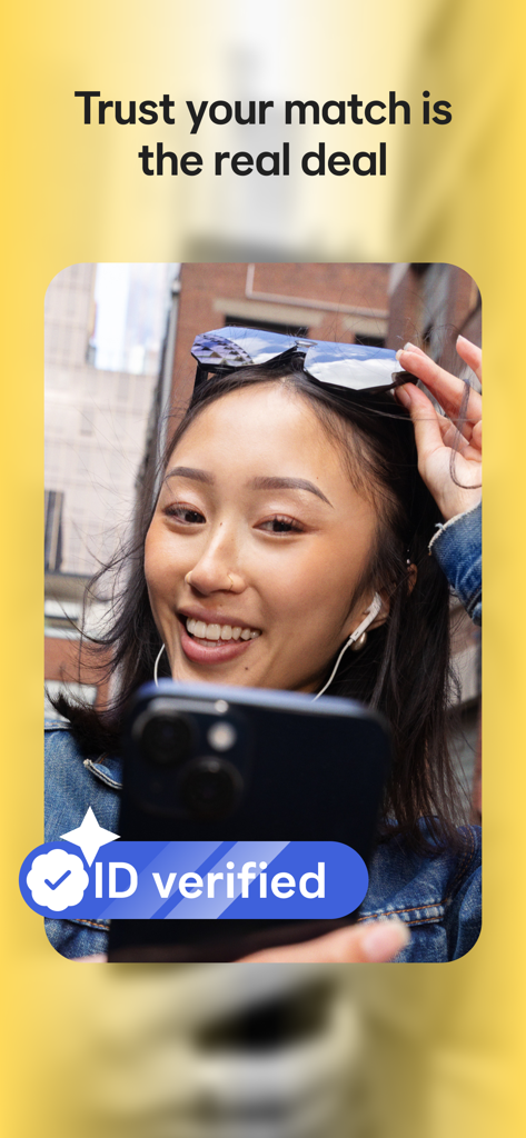 A woman profile on the Bumble app featuring a blue ID verified badge to confirm authenticity