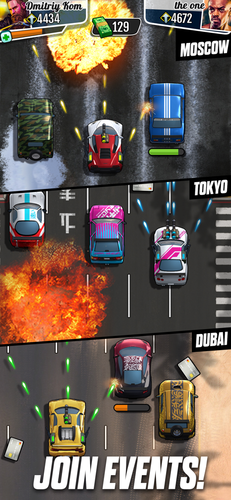 Jogabilidade de combate de carros aérea mostrando corridas e explosões em Moscou, Tóquio e Dubai com o texto Participar de Eventos