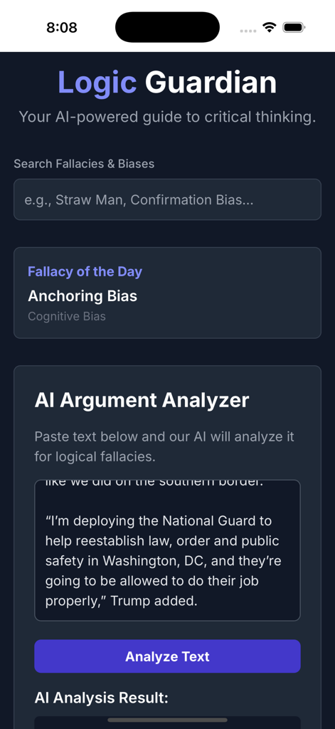 Logic Guardian - Interface of Logic Guardian app featuring an AI argument analyzer and fallacy search