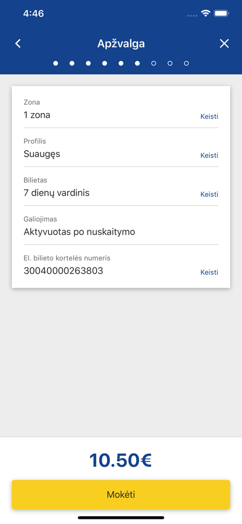 e.Ticket Klaipėda - Overview screen of the e.Ticket Klaipėda app showing details for a 7-day adult bus ticket and a pay button.