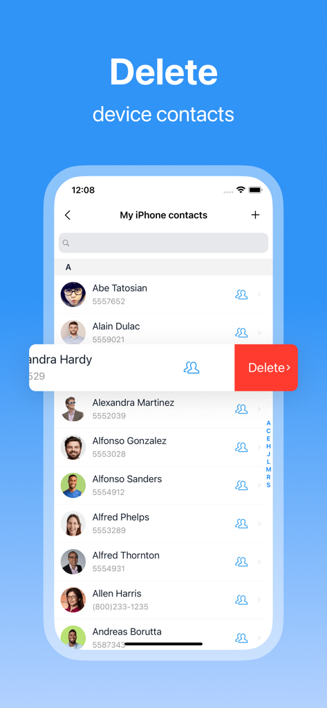 SA Contacts Lite 앱에서 장치 연락처 삭제 기능을 보여주는 스크린샷