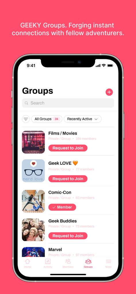Geek Meet Club app showing interest based groups like Comic-Con and Marvel