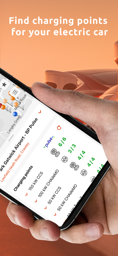 Smartphone screen showing real-time availability of electric vehicle charging points in the ChargeFinder app