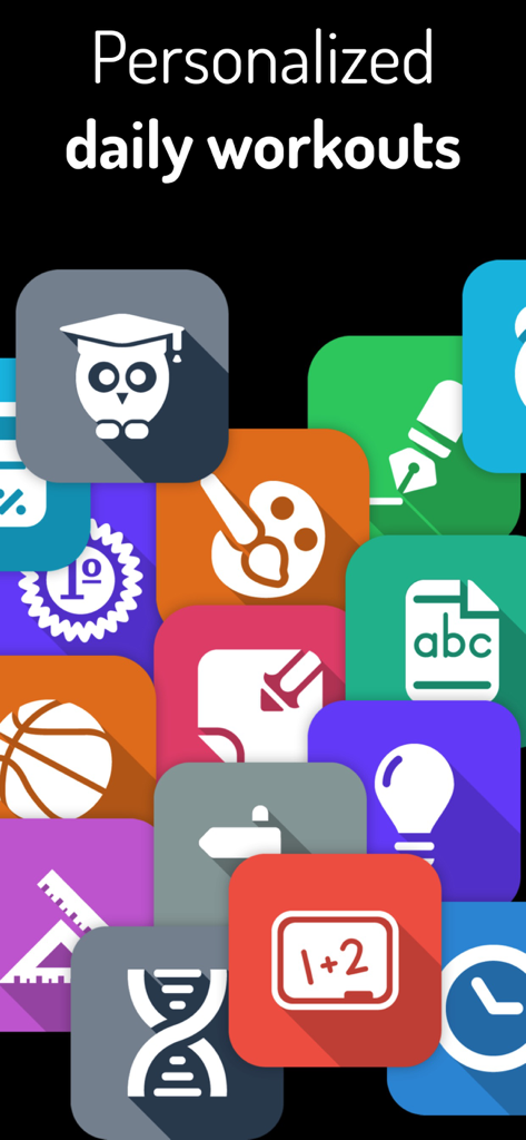 A collection of colorful minimalist icons representing different brain training games for personalized daily workouts on a dark background.