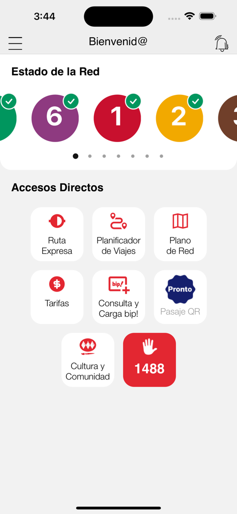 Metro de Santiago Oficial - Panel de la aplicación oficial Metro de Santiago mostrando el estado de la red y accesos directos de tránsito