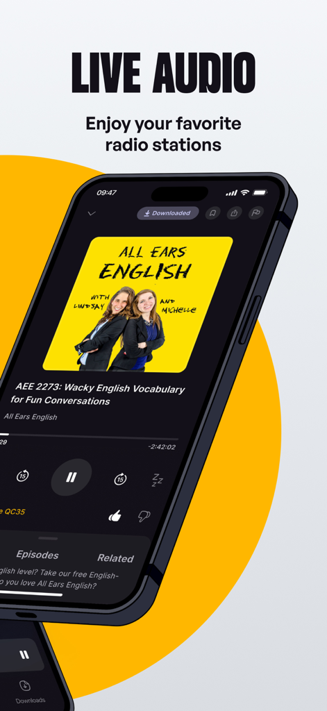 ZenoRadio - Interfaz de la aplicación ZenoRadio mostrando un reproductor de audio en vivo con contenido de podcast.