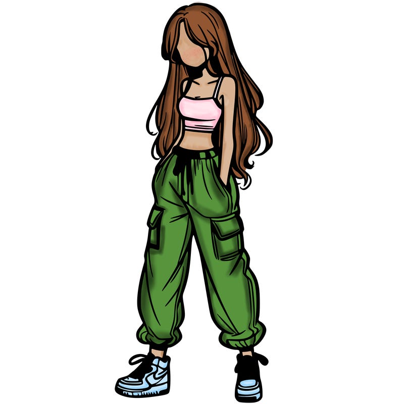 girl in baggy pants crop top and long hair