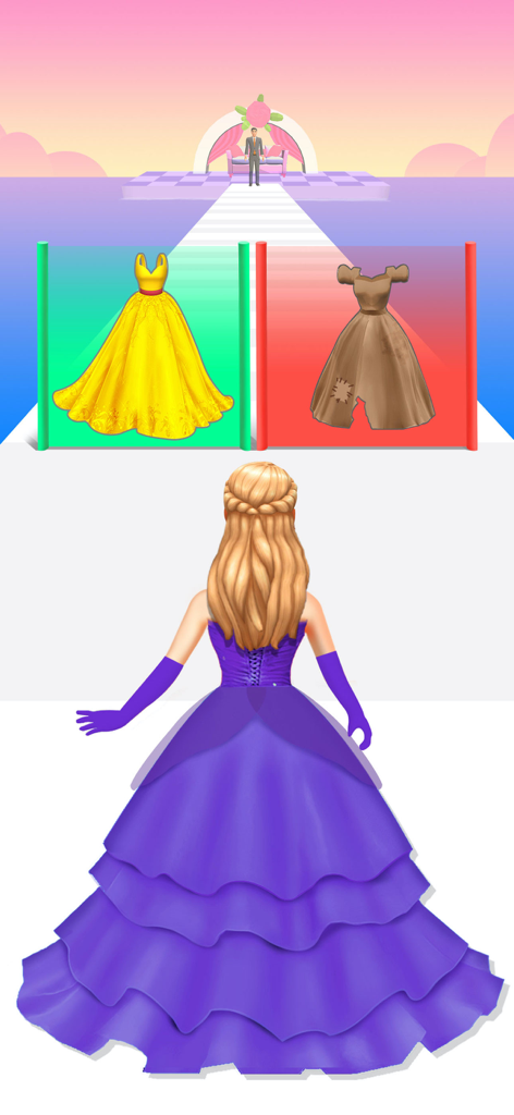 Bride Race & Outfit Makeover - ランウェイで黄色いガウンとボロボロのドレスの間で選択する紫色のウェディングドレスを着たキャラクター