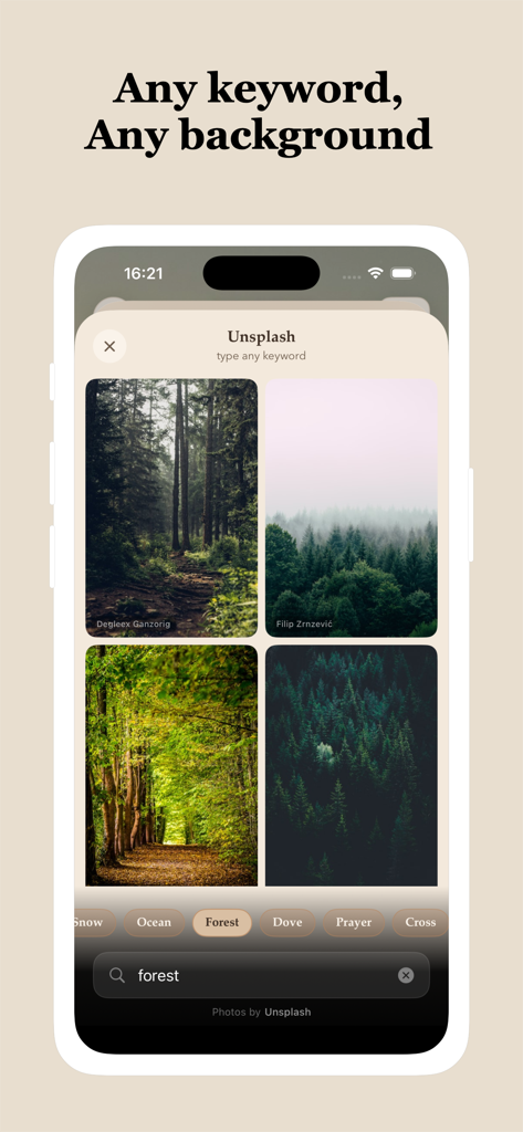 MySavior: Bible Widgets - Personalizando fondos de widgets bíblicos usando la búsqueda de imágenes de Unsplash
