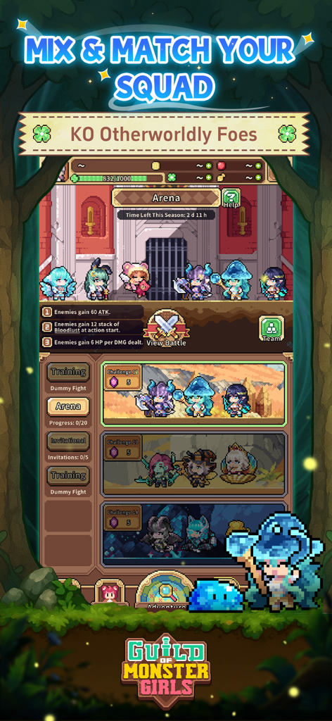 Guild of Monster Girls - Capture d'écran du gameplay montrant l'interface de l'arène avec des escouades de filles monstres en pixel art et des niveaux de défi.