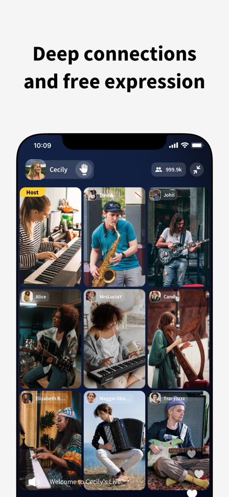 Fambase: Live & Group Chat - Fambase-App-Oberfläche, die einen Live-Multicast-Videochat mit neun Musikern zeigt, die verschiedene Instrumente spielen