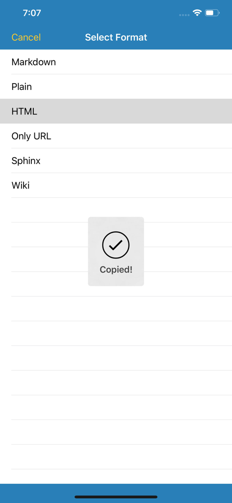 Copy as Link - 복사됨 메시지와 함께 마크다운 및 HTML과 같은 형식 옵션을 보여주는 링크로 복사하기 앱의 인터페이스