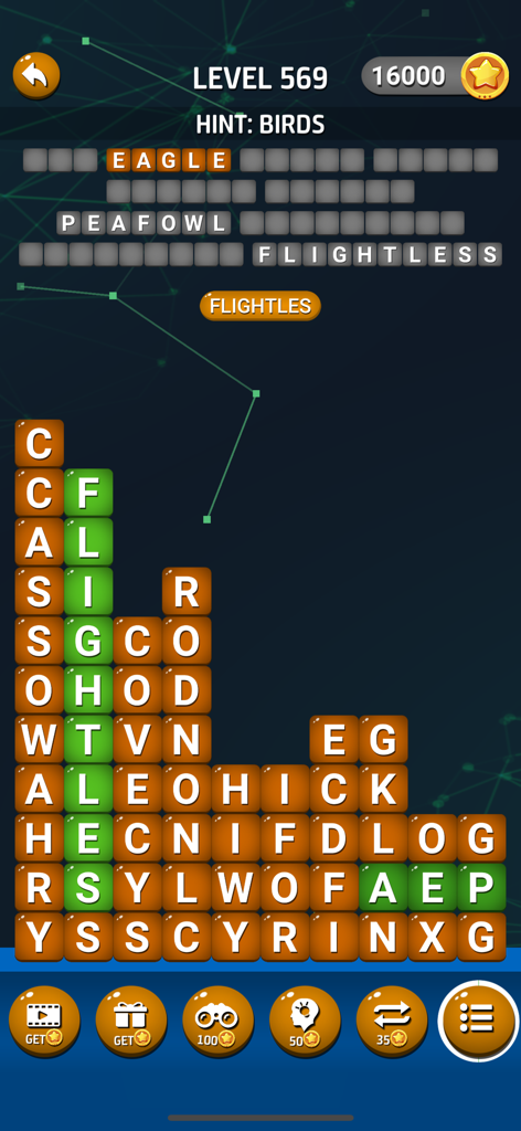 Word Streak: Play Daily Puzzle - Ein Screenshot von Word Streak Play Daily Puzzle, der ein Vogel-Themen-Wortsuchrätsel mit gefundenen Wörtern wie Adler und Pfau zeigt