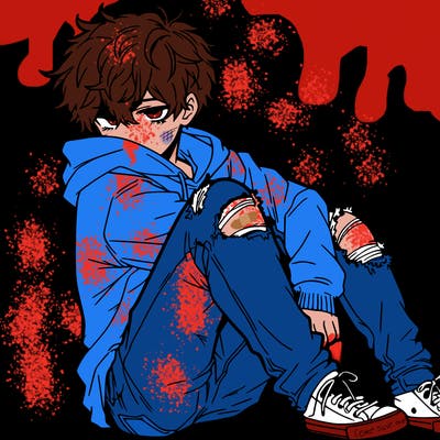 a male hoddie ripped jeans messy hair anime