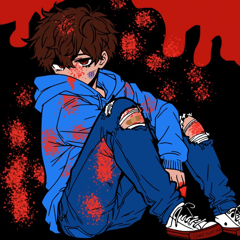 a male hoddie ripped jeans messy hair anime