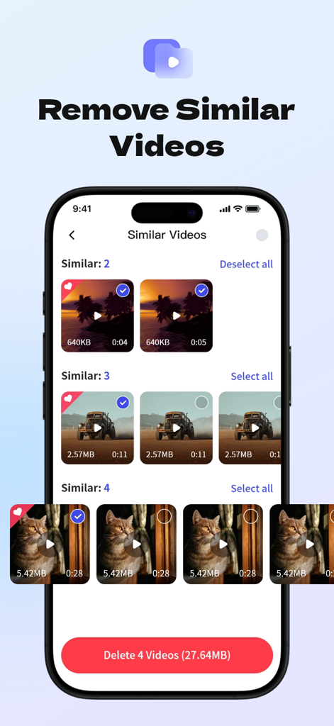 Smartphone screen showing the AI Clean app interface for identifying and deleting similar videos to free up storage